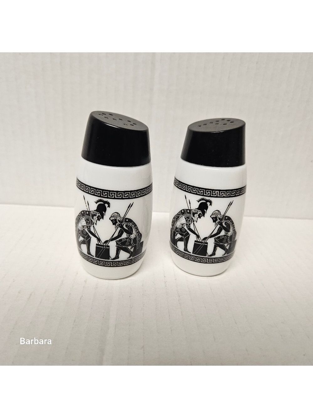 Vintage 60s Grecian-style Milk Glass Salt and Pepper Shakers